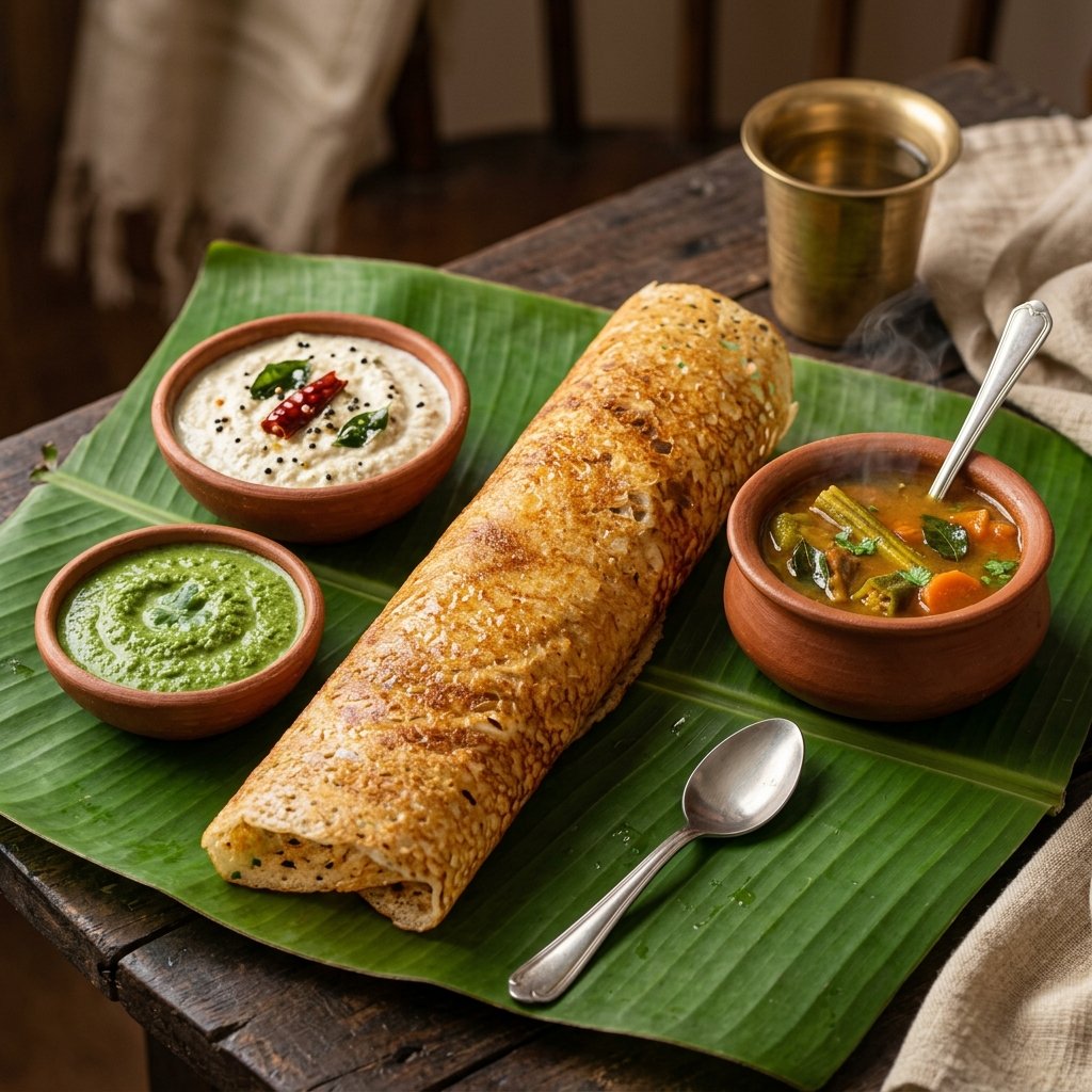Golden crispy ghee roast dosa served with sambar and chutneys
