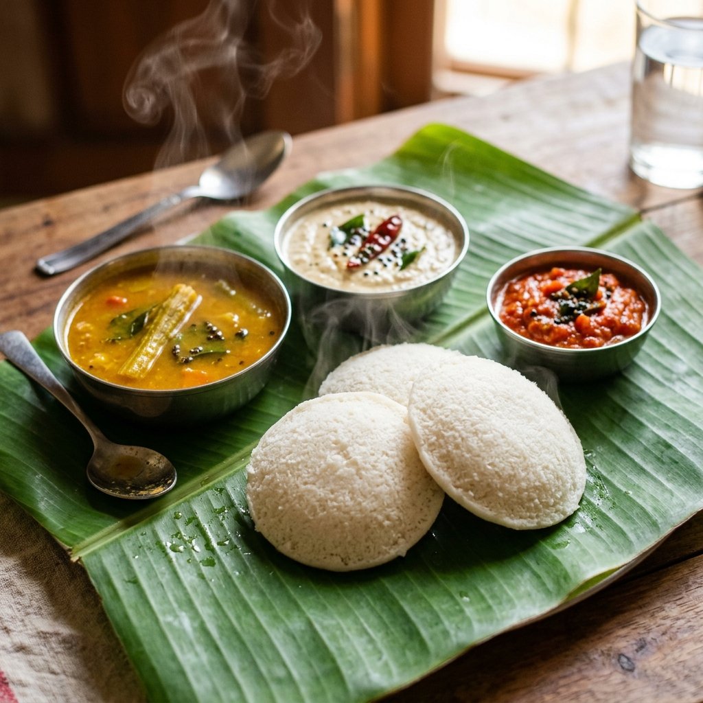 Steaming soft idlis on banana leaf with fresh coconut chutney