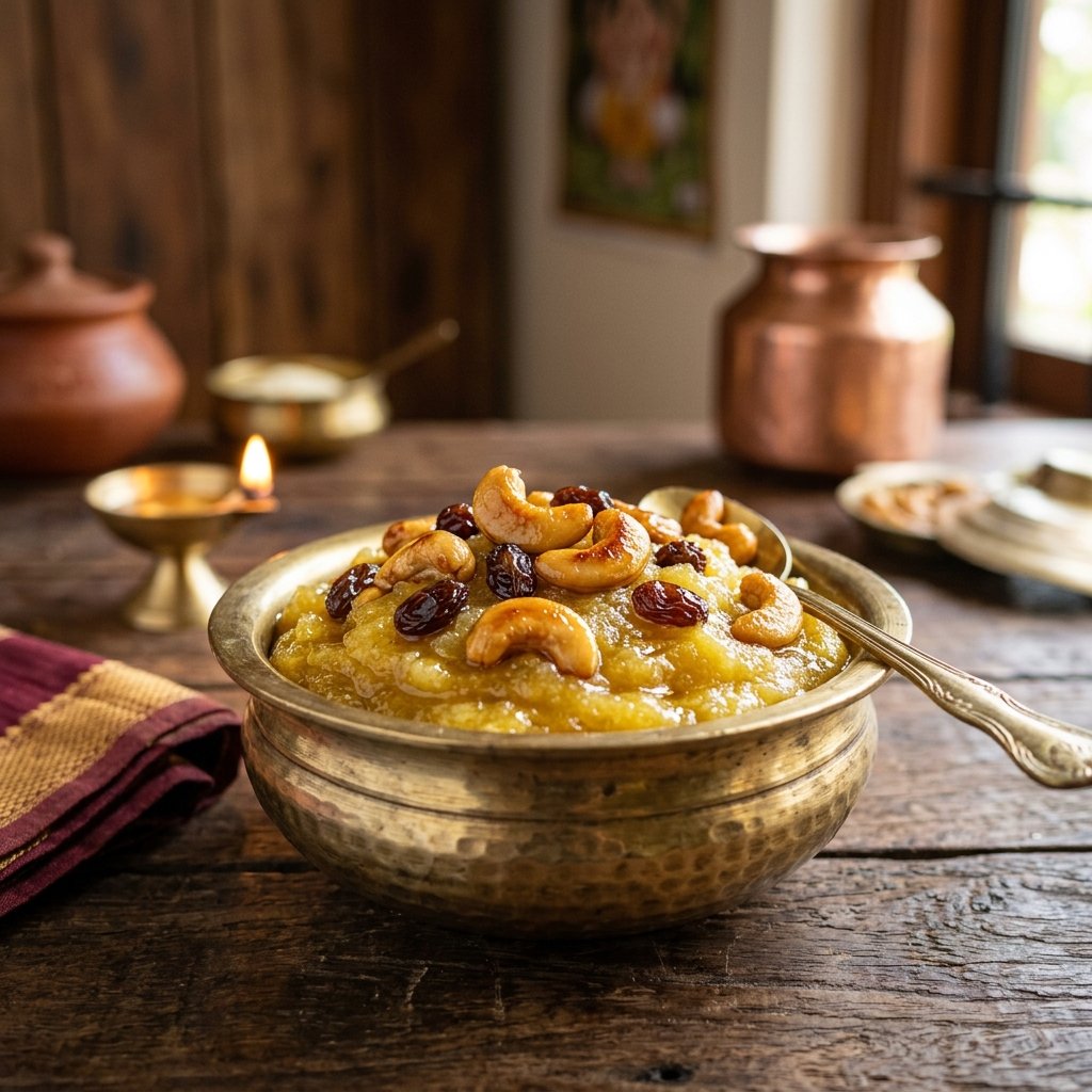Golden rich ghee kesari garnished with crunchy cashews